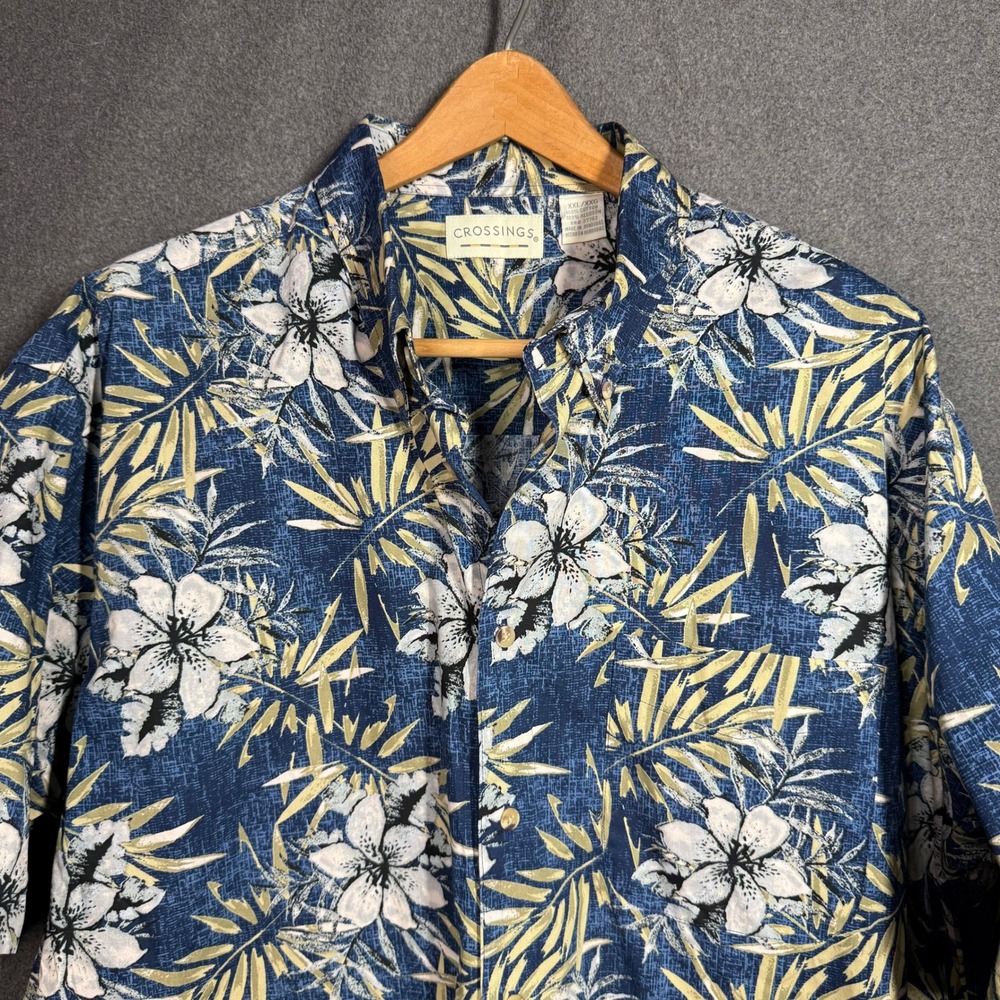Crossings Men's Hawaiian Shirt Blue Floral Tropical Aloha Button Up Size 2XL XXL